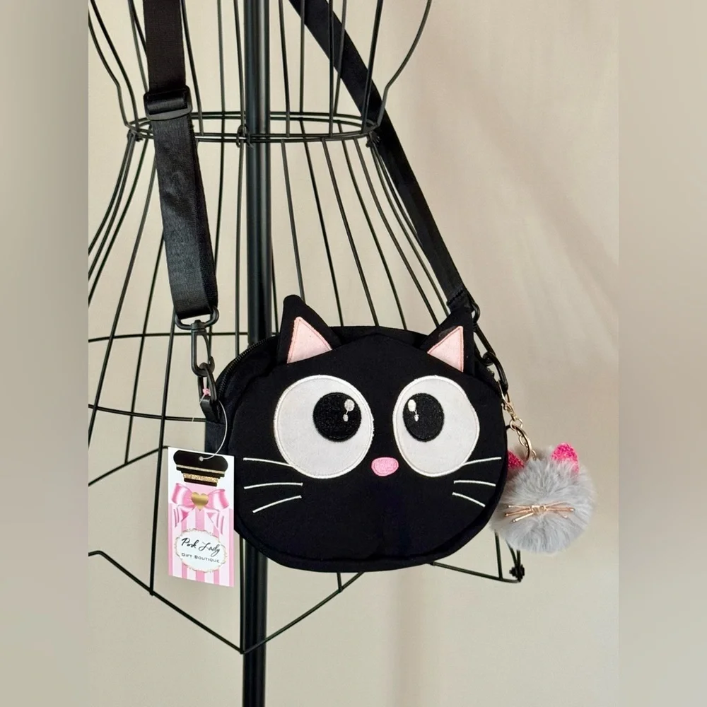 New Black Cat Crossbody Shoulder Purse Bag w/ Pink & Gray Bag Charm - 8” x 6”